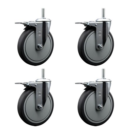 Service Caster 6 Inch Thermoplastic Rubber Swivel 58 Inch Threaded Stem Caster Set with Total Lock Brake SCC-TSTTL20S614-TPRB-58212-4